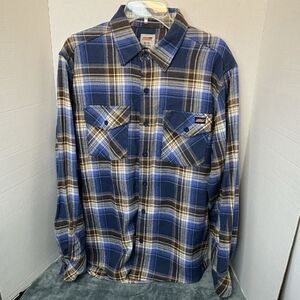 DICKIES Heavy Flannel Shirt Men M Blue Brown Blanket Plaid Grunge Work Outdoor